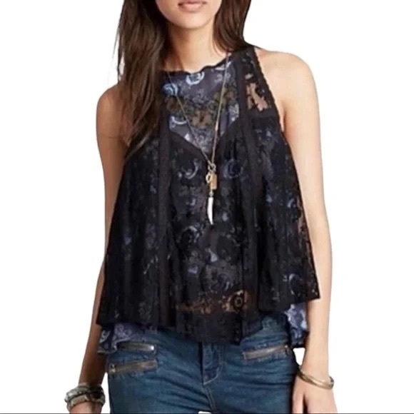 Free People Black Chiffon Pace Overlay Floral Print Bohemian Tank Top Medium - Picture 1 of 11